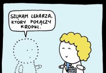 Dopasowane leczenie ma znaczenie w przypadku chorych na spondyloartropatie zapalne (SpA) rysunek Andrzeja Mleczki. Kontur pacjenta składający się z kropek mówi do lekarza: szukam lekarza, który połączy kropki