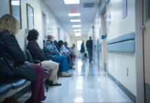 System w zapaści, a pacjenci w kolejkach korytarz przychodni, w poczekalni siedzą pacjenci