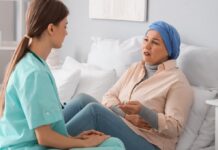 Pacjentki z rakiem piersi chcą mieć realny wpływ na sposób leczenia pacjentka z chustą na głowie siedzi na łóżku szpitalnym i rozmawia z lekarką